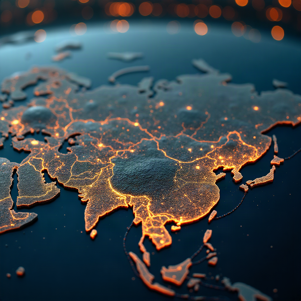 Night-time relief map of Asia with China and its trade routes glowing in points of light