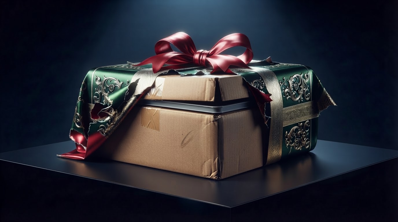 A plain cardboard box showing through torn, ornate green-and-gold gift wrap tied with a red bow